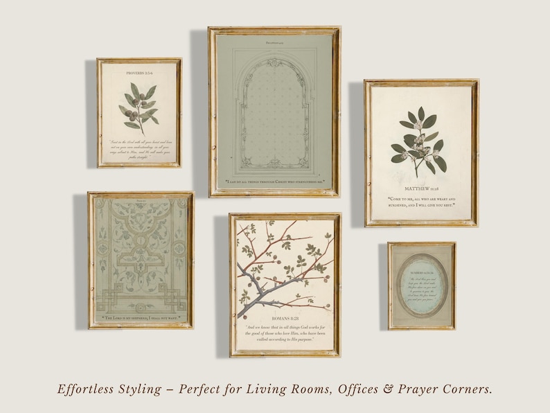 Vintage Christian Wall Art Display – Inspirational scripture art set styled in a modern farmhouse interior, emphasizing faith-based decor with a sophisticated, timeless appeal.