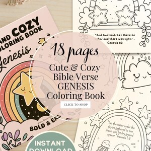 Cute and cozy Bible coloring book featuring Genesis with bold and easy designs. Printable digital download for kids and families.