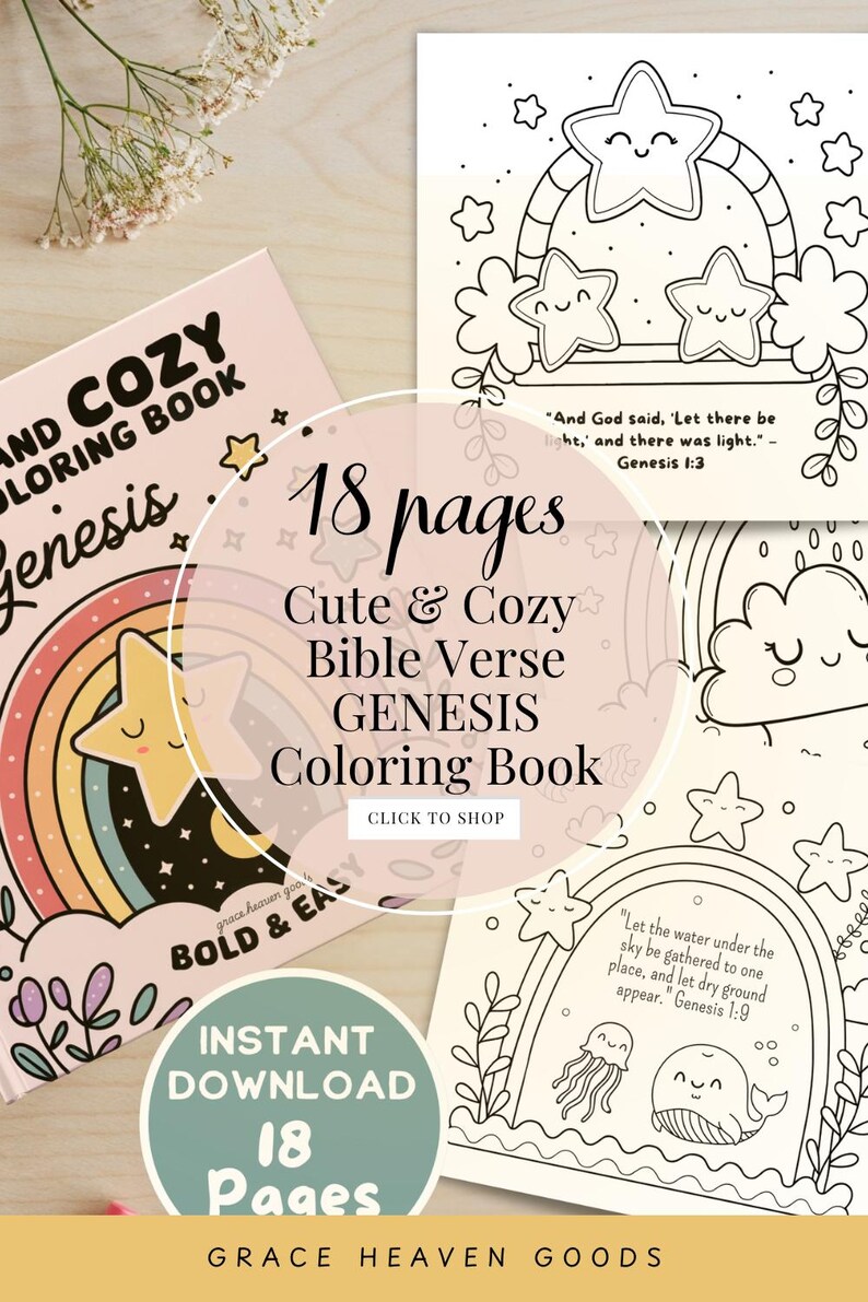 Cute and cozy Bible coloring book featuring Genesis with bold and easy designs. Printable digital download for kids and families.