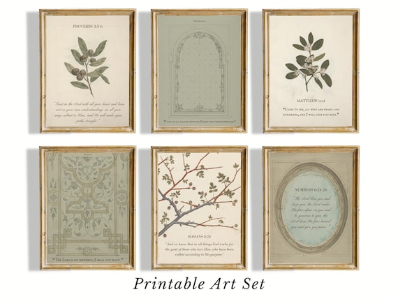 Vintage Bible Verse Wall Art Set of 6 Christian Scripture Prints Botanical Gallery Wall Faith Decor Religious Art for Home Prayer Room