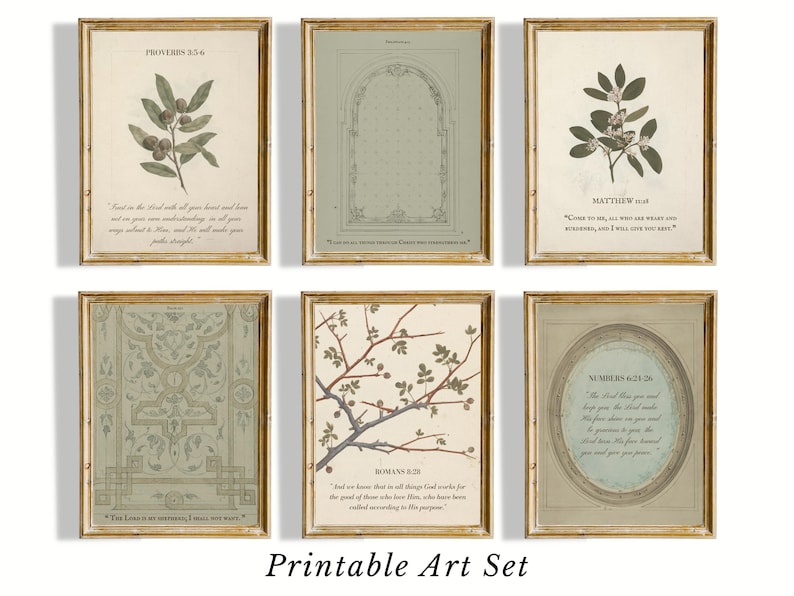 Conjunto de 6 pôsteres vintage com versículos bíblicos, decoração de parede com motivos botânicos, arte religiosa para casa e sala de oração. imagem 1