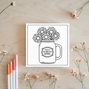 Puede incluir: Una p&aacute;gina para colorear en blanco y negro con un tarro de cristal lleno de flores y el texto "Salmo 23:1 El Se&ntilde;or es mi pastor..."
