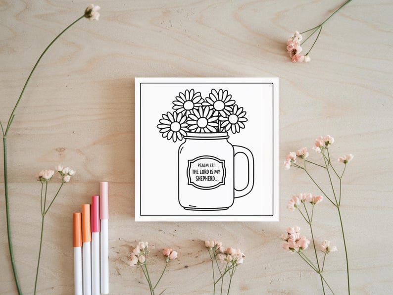 Puede incluir: Una p&aacute;gina para colorear en blanco y negro con un tarro de cristal lleno de flores y el texto "Salmo 23:1 El Se&ntilde;or es mi pastor..."