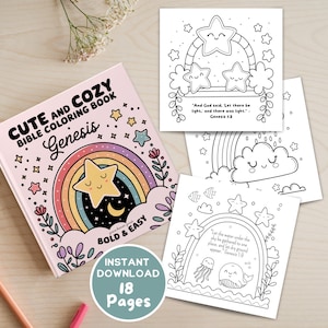 Cute and cozy Bible coloring book featuring Genesis with bold and easy designs. Printable digital download for kids and families.