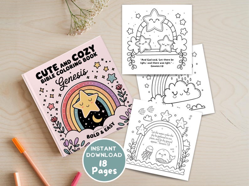Cute and cozy Bible coloring book featuring Genesis with bold and easy designs. Printable digital download for kids and families.