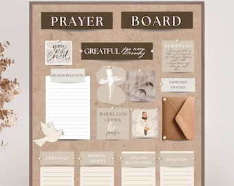 May include: A printable prayer board kit with a corkboard background. The board is decorated with inspirational quotes and images, including a dove, a cross, and a person in a robe. The board is divided into sections for prayer requests, faith goals, personal growth, love and relationships, and reflection.
