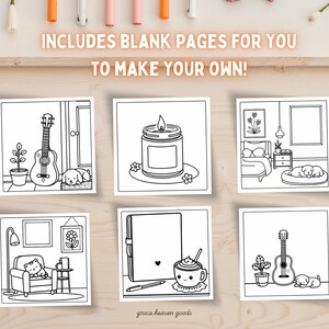 Puede incluir: Seis p&aacute;ginas para colorear en blanco y negro que representan escenas acogedoras con una guitarra, una vela, un libro, un caf&eacute;, un gato y un perro. El texto "INCLUDES BLANK PAGES FOR YOU TO MAKE YOUR OWN!" est&aacute; en la parte superior de la imagen.