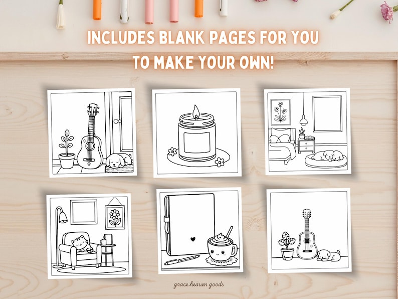 Puede incluir: Seis p&aacute;ginas para colorear en blanco y negro que representan escenas acogedoras con una guitarra, una vela, un libro, un caf&eacute;, un gato y un perro. El texto "INCLUDES BLANK PAGES FOR YOU TO MAKE YOUR OWN!" est&aacute; en la parte superior de la imagen.