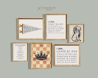 May include: Set of eight framed prints with religious quotes and imagery. The prints feature a checkered pattern, a crown, a lion, and a pennant with the text "God is Good".
