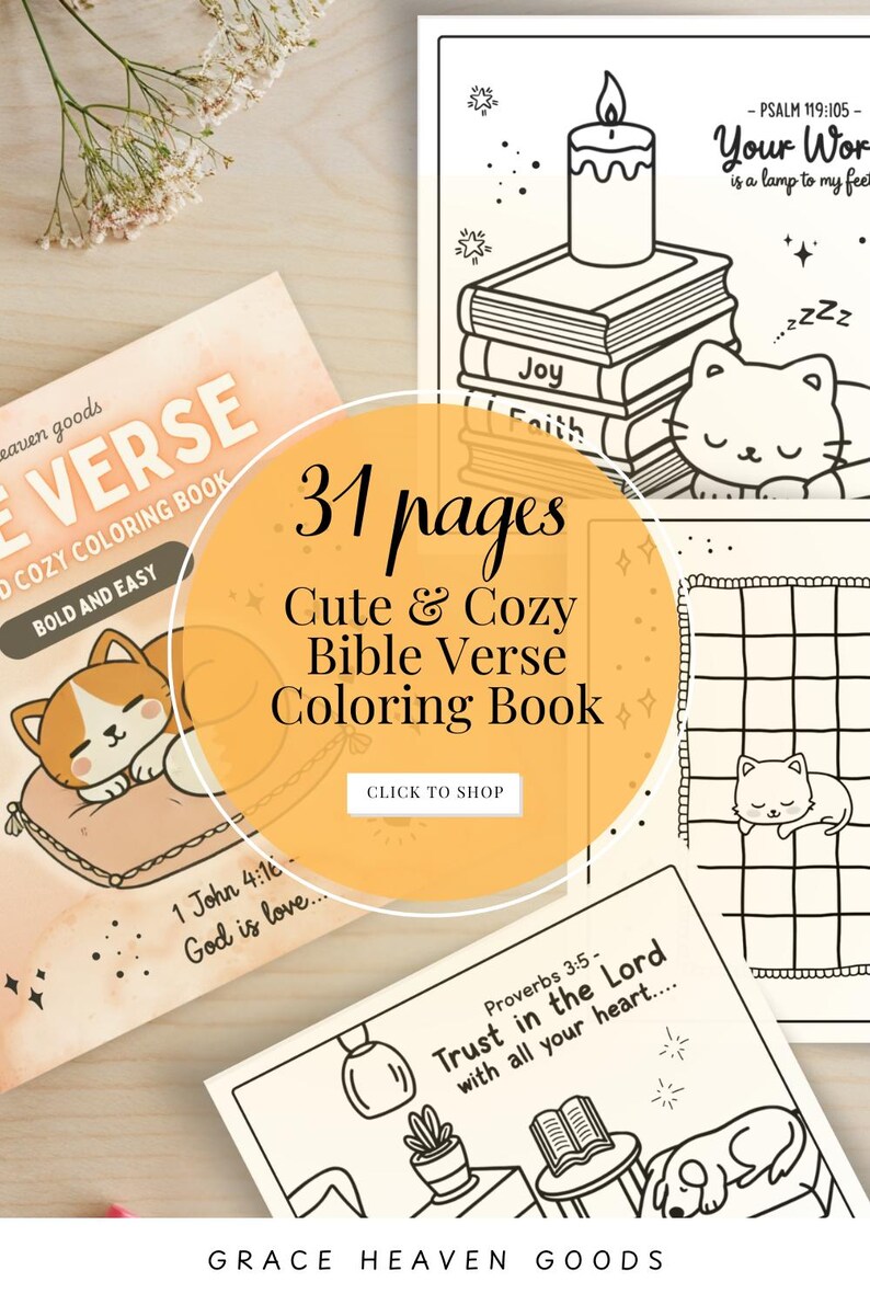 Puede incluir: Un libro para colorear con 31 p&aacute;ginas que presenta lindas ilustraciones de gatos y perros. El libro incluye vers&iacute;culos b&iacute;blicos y se titula "Cute & Cozy Bible Verse Coloring Book".