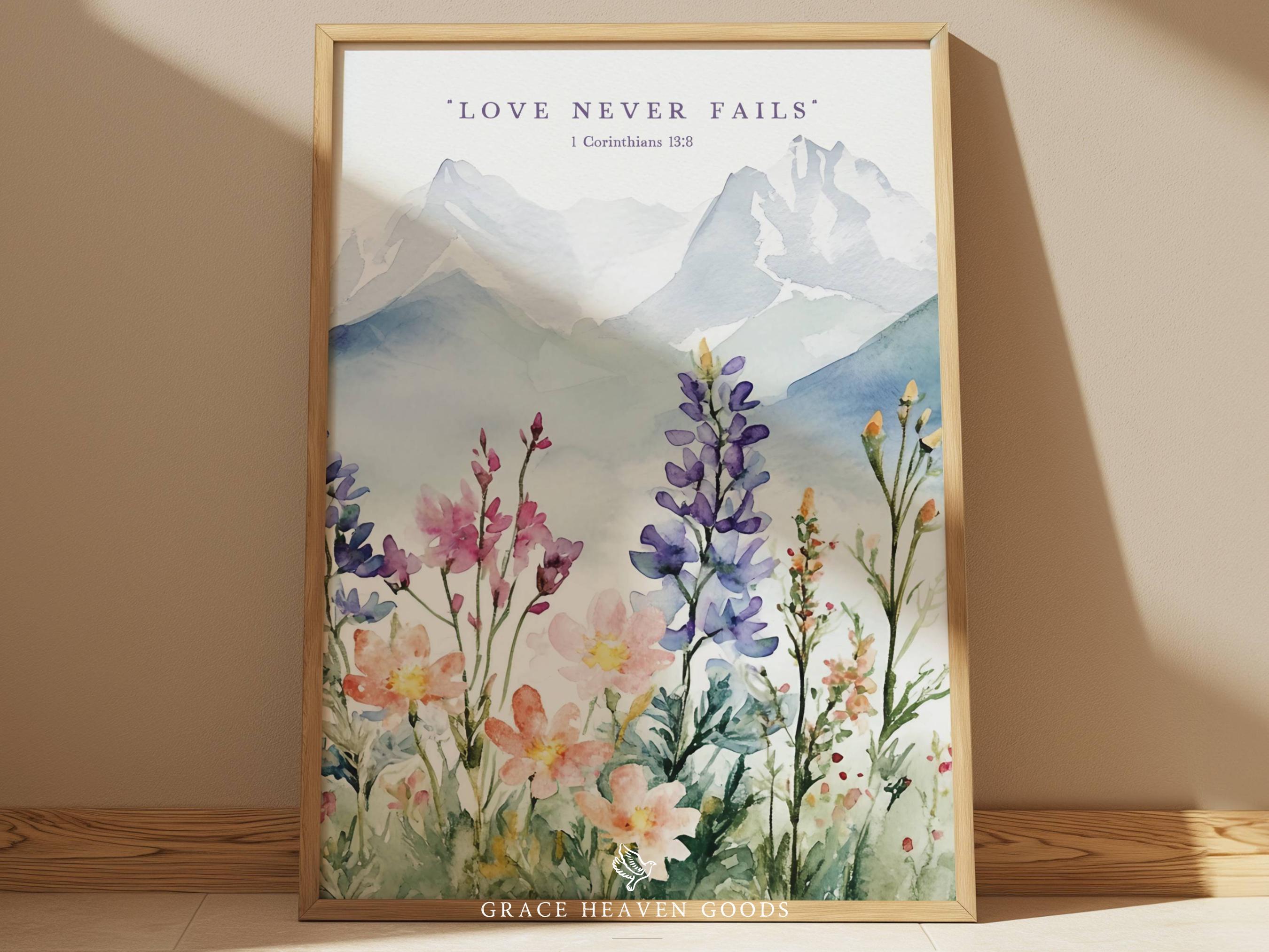 Christian Wildflower Watercolor 1 Corinthians 13:8 Bible Verse Wall Art ...