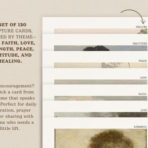 Peut inclure: Un ensemble de 120 cartes d'&Eacute;criture Sainte regroup&eacute;es par th&egrave;me&nbsp;: espoir, foi, amour, force, paix, gratitude et gu&eacute;rison. Chaque carte pr&eacute;sente une image et un verset biblique diff&eacute;rents.