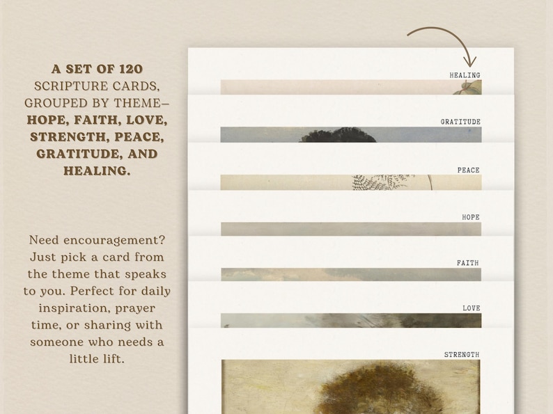 Peut inclure: Un ensemble de 120 cartes d'&Eacute;criture Sainte regroup&eacute;es par th&egrave;me&nbsp;: espoir, foi, amour, force, paix, gratitude et gu&eacute;rison. Chaque carte pr&eacute;sente une image et un verset biblique diff&eacute;rents.