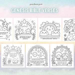 Genesis Bible verse coloring pages with cute kawaii-style illustrations. Printable and perfect for Sunday School or homeschool.