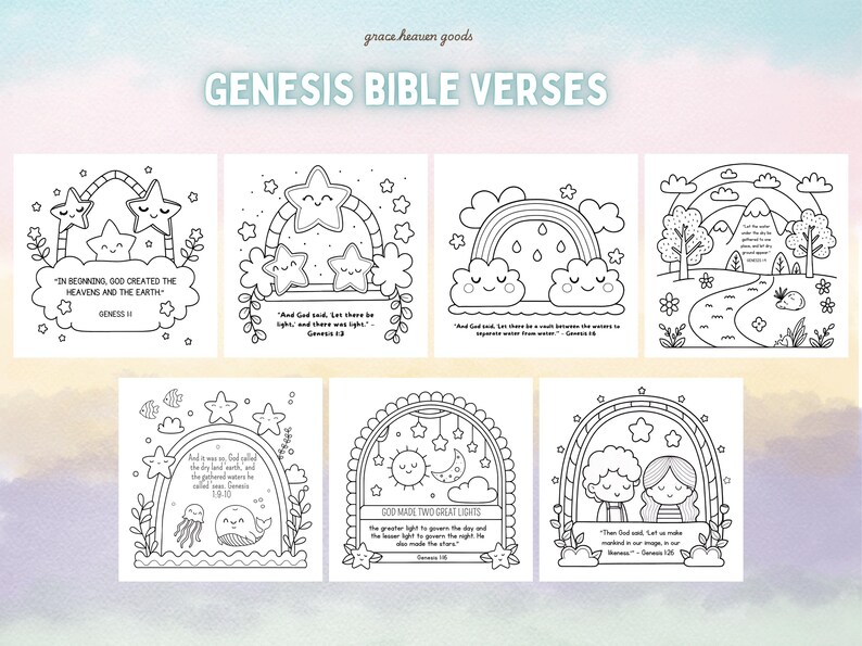 Genesis Bible verse coloring pages with cute kawaii-style illustrations. Printable and perfect for Sunday School or homeschool.