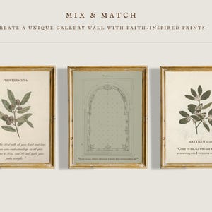 Bible Verse Art Set of 3 – A curated collection of three Christian scripture prints, featuring Proverbs 3:5-6, Matthew 11:28, and an ornate architectural design for an elegant display.