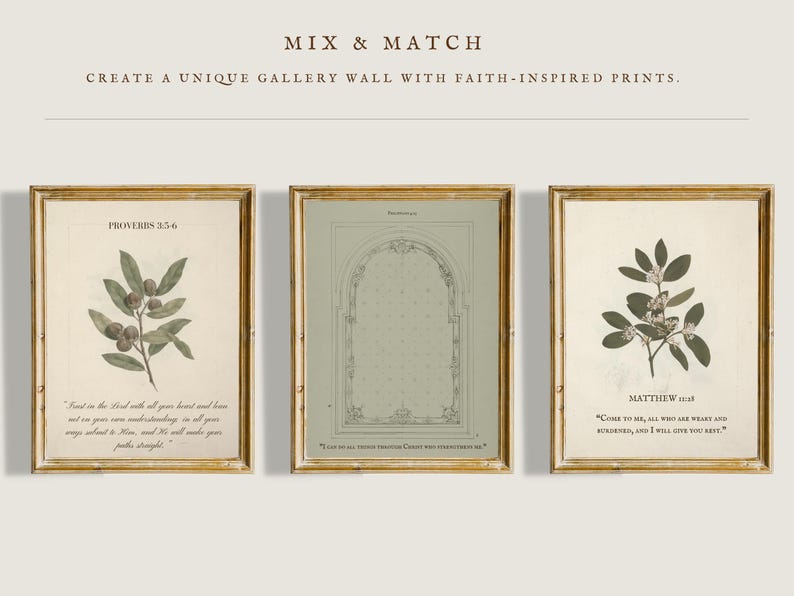 Bible Verse Art Set of 3 – A curated collection of three Christian scripture prints, featuring Proverbs 3:5-6, Matthew 11:28, and an ornate architectural design for an elegant display.