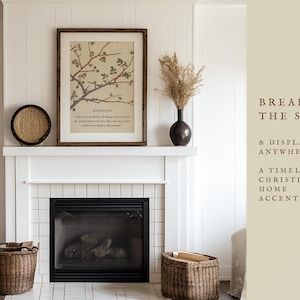 Scripture Wall Art Over Mantel – A thoughtfully framed Proverbs 3:5-6 print styled in a neutral-toned bathroom, demonstrating how faith-based decor can blend seamlessly with elegant home styling.