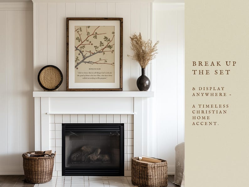 Scripture Wall Art Over Mantel – A thoughtfully framed Proverbs 3:5-6 print styled in a neutral-toned bathroom, demonstrating how faith-based decor can blend seamlessly with elegant home styling.