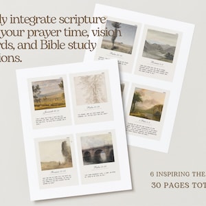Peut inclure: T&eacute;l&eacute;chargement num&eacute;rique imprimable de 6 cartes d'inspiration biblique avec des sc&egrave;nes de nature. Chaque carte pr&eacute;sente un verset diff&eacute;rent et une peinture &agrave; l'aquarelle d'un paysage. Les cartes sont parfaites pour ajouter une touche de foi &agrave; votre d&eacute;coration int&eacute;rieure ou pour les utiliser comme invites &agrave; la pri&egrave;re.