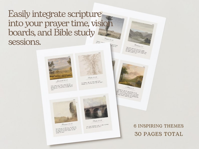 Peut inclure: T&eacute;l&eacute;chargement num&eacute;rique imprimable de 6 cartes d'inspiration biblique avec des sc&egrave;nes de nature. Chaque carte pr&eacute;sente un verset diff&eacute;rent et une peinture &agrave; l'aquarelle d'un paysage. Les cartes sont parfaites pour ajouter une touche de foi &agrave; votre d&eacute;coration int&eacute;rieure ou pour les utiliser comme invites &agrave; la pri&egrave;re.