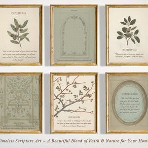 May include: Set of six printable art prints featuring botanical illustrations and bible verses. The prints have a vintage aesthetic with a light green and brown colour scheme.