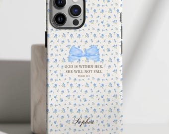 Personalized Christian Phone Case MagSafe | Psalm 46:5 Blue Preppy Coquette Bow | iPhone 17 16 15 Pro  (PC00114)