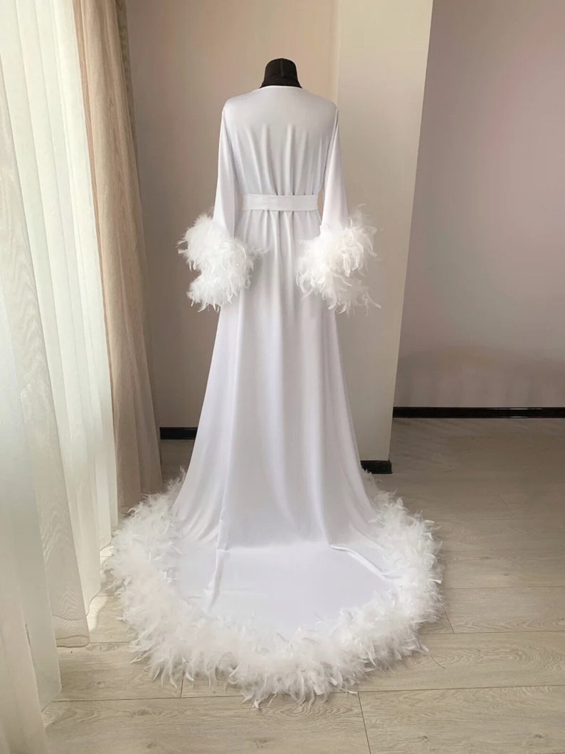 Feather Robe Long Robe With Feathers Bridal Robe With Train Etsy