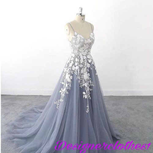 Lace Wedding Dress A-line Dusty Blue Lace Wedding Dress Boho - Etsy