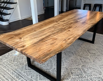 Live Edge Maple Table, Ambrosia 'Wormy' Maple Live Edge Dining Table, Large Slab, Amish Made Custom Tables