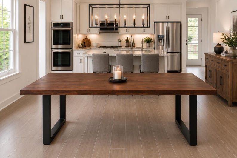 May include: A rectangular dining table featuring a thick, dark brown wooden top with a natural grain pattern, supported by two sturdy, black metal U-shaped legs. A single white pillar candle in a clear glass holder sits centred on the table.
