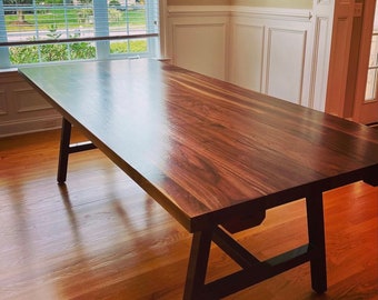 Modern Black Walnut Dining Table, Amish Made, Custom Metal Base, Custom Made Family Dining Table, Kitchen Table, American Made, Walnut slab