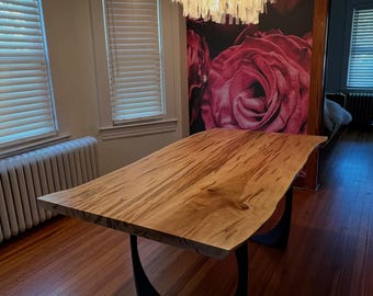 Amish Crafted Wormy Maple Live Edge Dining Table: Metal Base