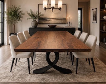 Modern Black Walnut Dining Table, Metal Trestle Base, Amish Made