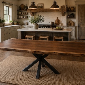 May include: A rectangular dining table featuring a dark brown natural live edge wood slab top and a black metal base with four angled legs meeting at a central point, positioned on a rectangular woven jute rug in a kitchen setting.