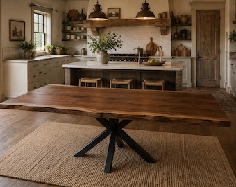 Amish Made Black Walnut Dining Table | Handmade Live Edge Walnut Table | Modern Spider Metal Base | Custom Solid Wood Kitchen Table