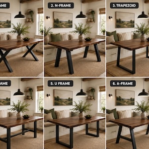 May include: A composite image showing six wooden dining tables with different black metal leg designs labelled 1. X FRAME, 2. N-FRAME, 3. TRAPEZOID, 4. H FRAME, 5. U FRAME, and 6. A-FRAME. Each table features a natural wood grain top and a sturdy base.