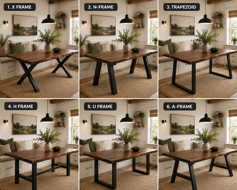 May include: A composite image showing six wooden dining tables with different black metal leg designs labelled 1. X FRAME, 2. N-FRAME, 3. TRAPEZOID, 4. H FRAME, 5. U FRAME, and 6. A-FRAME. Each table features a natural wood grain top and a sturdy base.