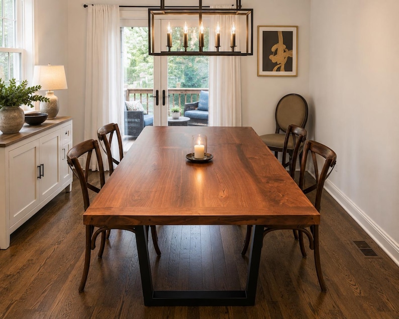 May include: A rectangular dining table with a solid brown wood top and black metal U-shaped legs. The table is surrounded by four dark brown wooden cross-back chairs. A single white pillar candle in a glass cylinder sits in the centre of the table.