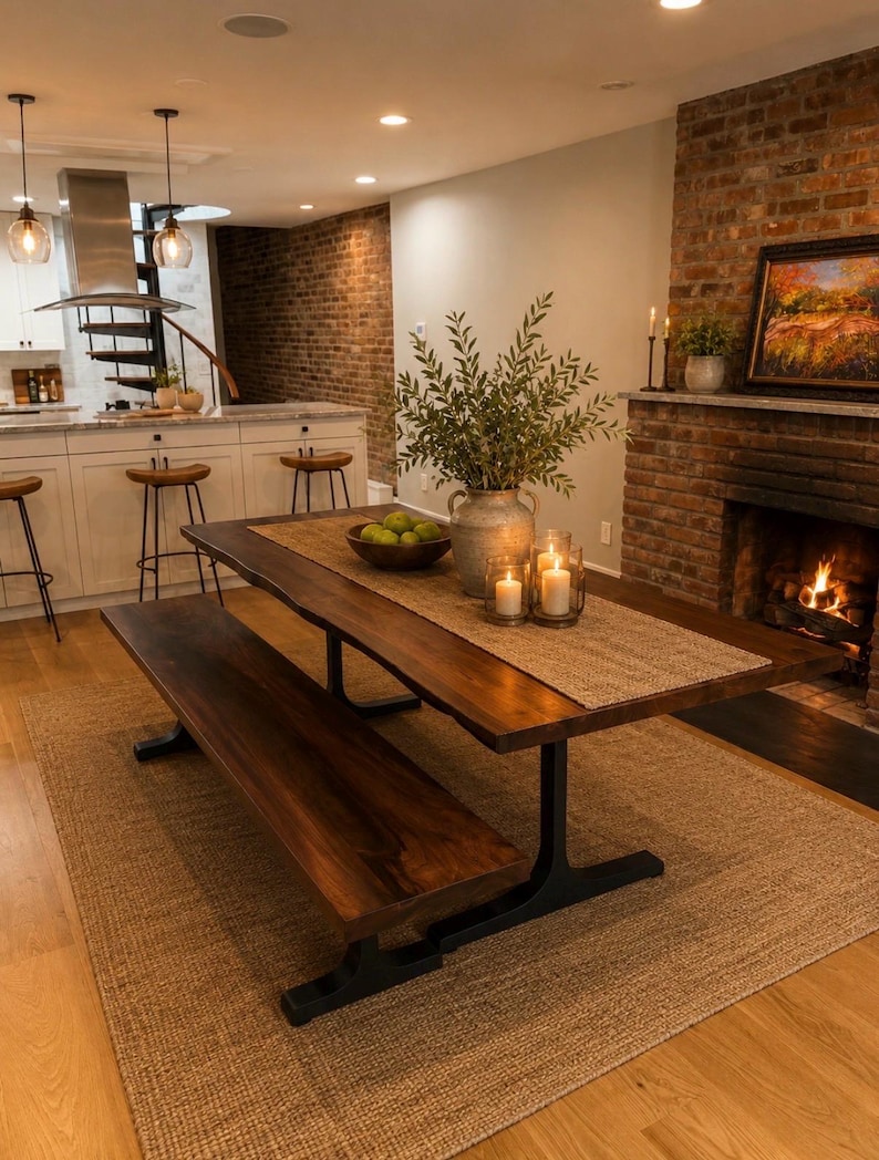 May include: A rectangular live-edge wood dining table with a dark brown finish and black metal T-shaped legs. The table is paired with a matching long wooden bench and features a textured tan table runner, a grey vase with greenery, and candles.