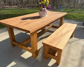 Outdoor Picnic Style Table, Custom Made Amish Made Table, High Quality Solid Oak Outdoor Table, Home And Outdoors, Made To Order