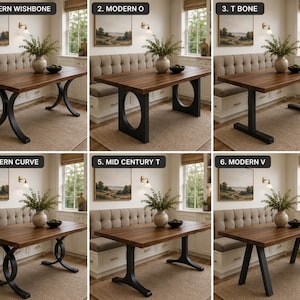 May include: Six wooden dining tables with rectangular tops and distinct black metal bases labelled 1. Modern Wishbone, 2. Modern O, 3. T Bone, 4. Modern Curve, 5. Mid Century T, and 6. Modern V, each featuring a vase with greenery on the surface.