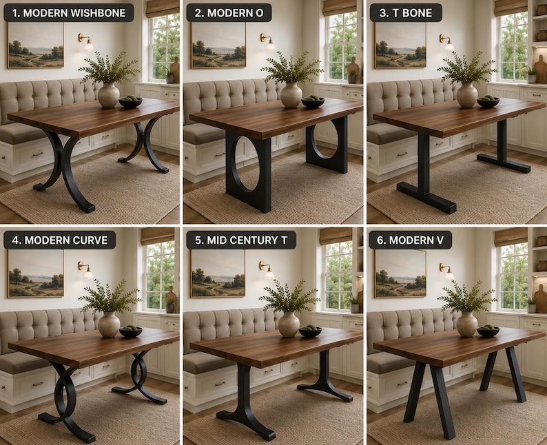 May include: Six wooden dining tables with rectangular tops and distinct black metal bases labelled 1. Modern Wishbone, 2. Modern O, 3. T Bone, 4. Modern Curve, 5. Mid Century T, and 6. Modern V, each featuring a vase with greenery on the surface.