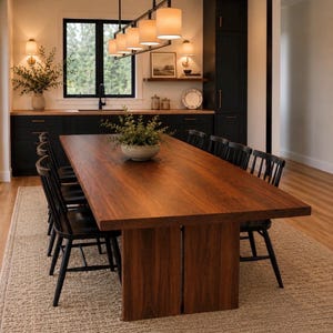 May include: A large rectangular wooden dining table with a thick top and two vertical slab legs, surrounded by eight black spindle-back chairs. A green plant in a ceramic bowl sits in the center of the table, which rests on a textured beige rug.
