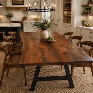 May include: A rectangular dining table with a natural live-edge dark wood top and a black metal A-frame base. The table is surrounded by six curved wooden chairs with a smooth finish. A white ceramic vase with green foliage sits on the table.
