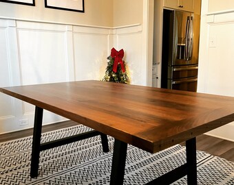 Modern Black Walnut Dining Table, Metal Trestle Base, Amish Made