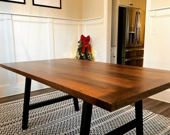 Modern Black Walnut Dining Table, Farmhouse Modern, Large Table With Metal Trestle Bases, Amish Made Quality In Lancaster County PA
