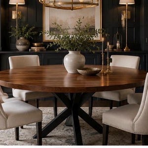 May include: A round wooden dining table with a dark brown finish and a black metal X-shaped base, surrounded by six upholstered cream-colored chairs with high backs and dark wooden legs, arranged on a patterned area rug in a dining room.