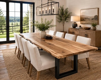 Wormy Maple Live Edge Dining Table | Amish Handmade Farmhouse Table | Solid Wood Kitchen Table | Custom Rustic Modern