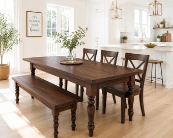 Amish Made Black Walnut Dining Table | Handmade Farmhouse Kitchen Table with Turned Legs | Solid Wood Custom Dining Table